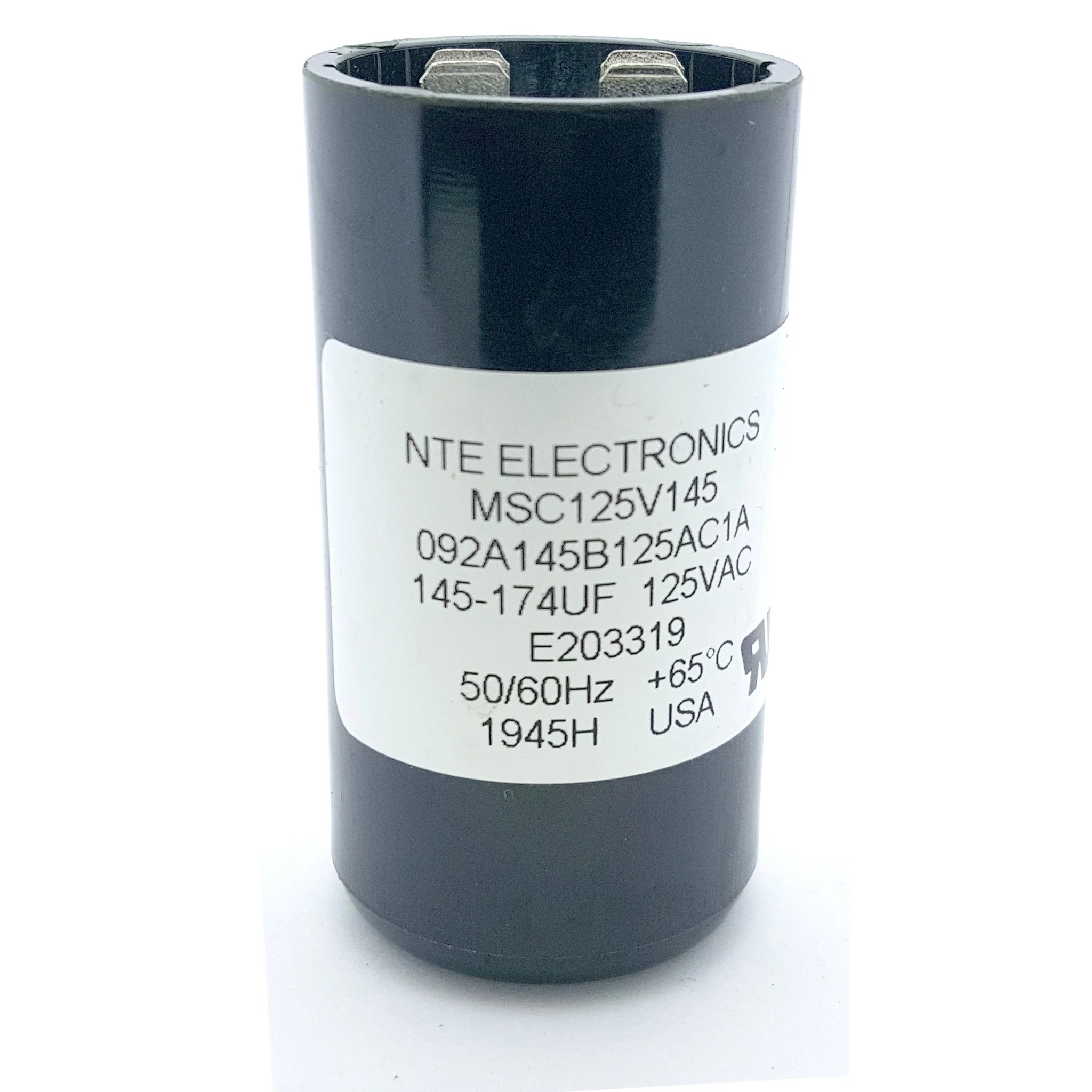 Capacitor Motor Start AC Electrolytic 145uf 125vac .250 Inch w/ Quick Connect Terminals