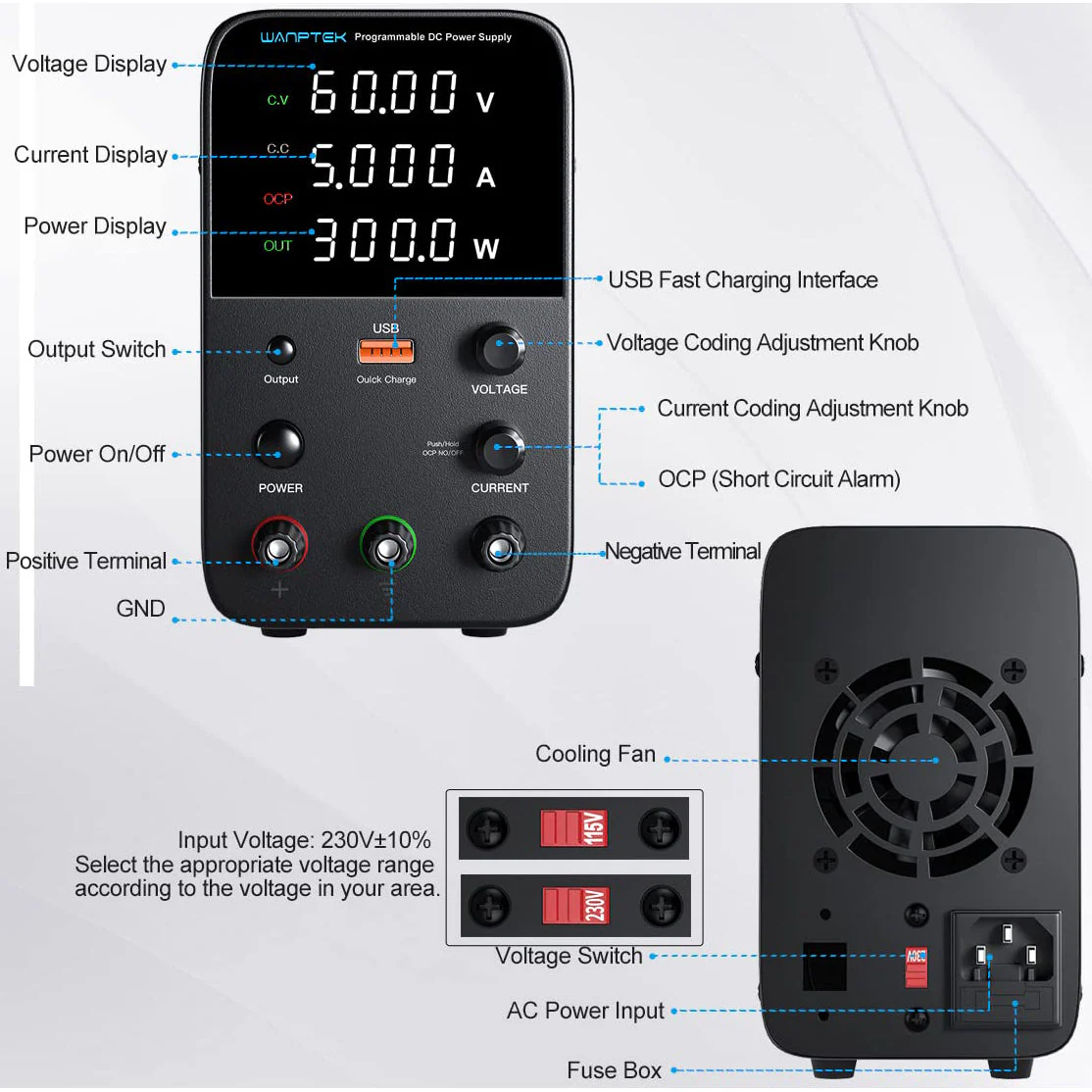 60V 5A Adjustable Bench Top LAB DC Power Supply - Image 2